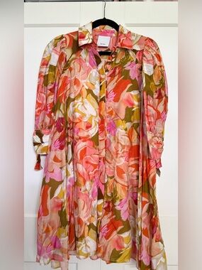 Acler Floral Button-Front mini Dress in Coral, Pink & Olive Green Au 6 fit US 02